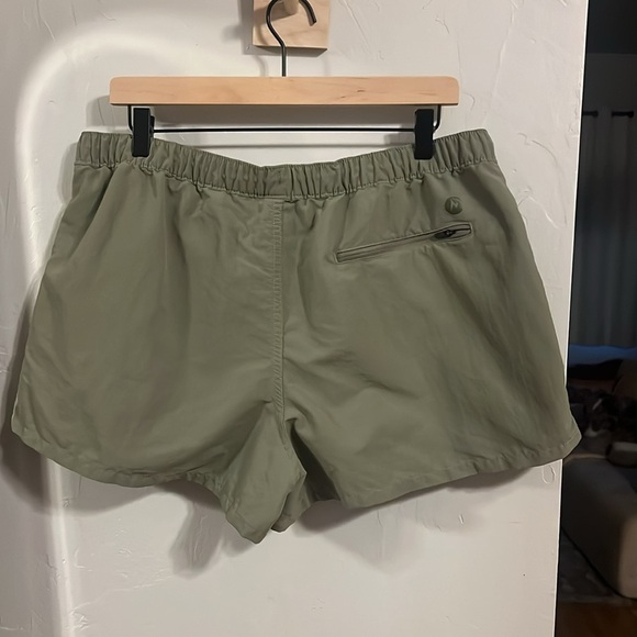 Marmot women’s Olive Athletic Shorts with Yellow Drawstring - Picture 3 of 3